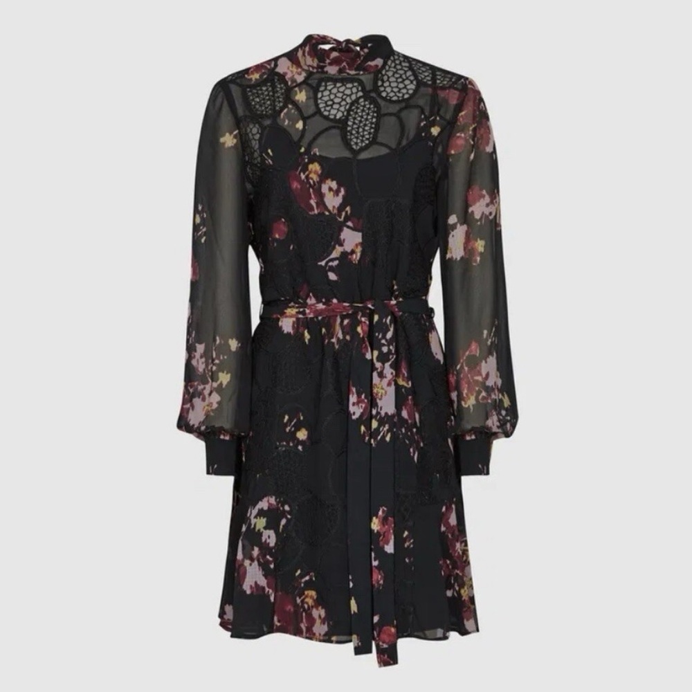 Reiss Black and Pink Floral Lace Dress